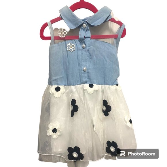 Girl's NWT Denim and Tulle with flowers and sheer mesh at top dress sz 4t - Picture 1 of 10